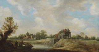 Jan Josefsz. van Goyen - A landscape with peasants in a wagon crossing a bridge to a village, two fisherman in a small rowing boat under a tree in the foreground