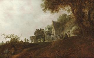 Jan Josefsz. van Goyen - A landscape with travellers on a road and two carts in front of an inn