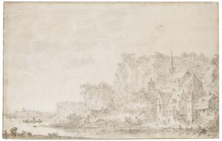 Jan Josefsz. van Goyen - A River Landscape, With A Church And Houses To The Right, A Cliff Beyond