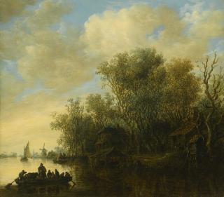Jan Josefsz. Van Goyen - A River Landscape With A Fully-Laden Ferry Boat Approaching A Busy River Bank