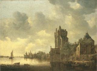 Jan Josefsz. Van Goyen - A river landscape with cows watering by a fortified tower