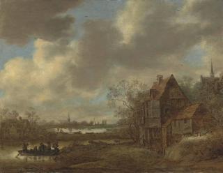 Jan Josefsz. Van Goyen - A river landscape with figures crossing the water in a ferry and others by a tavern, a village and a church beyond