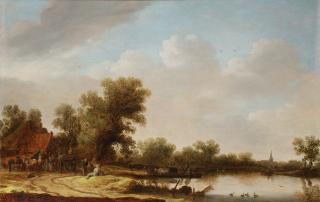 Jan Josefsz. van Goyen - A river landscape with figures outside an inn
