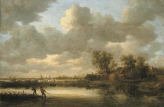 Jan Josefsz. Van Goyen - A river landscape with fishermen drawing in their nets near a village