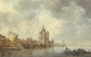 Jan Josefsz. Van Goyen - A river landscape with fishermen in a boat before a village jetty