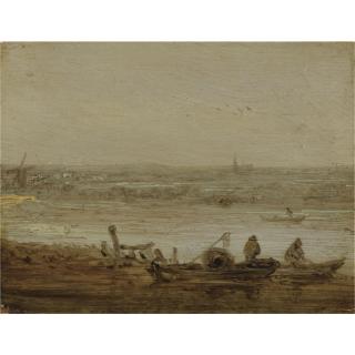 Jan Josefsz. van Goyen - A River Landscape With Fishermen In Boats Hauling In Their Nets, A View Of A Church In The Far Distance