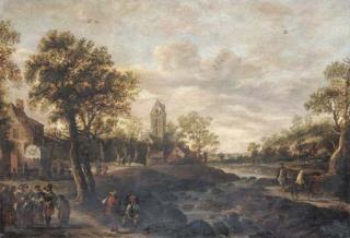 Jan Josefsz. van Goyen - A river landscape with travellers approaching a village