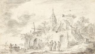 Jan Josefsz Van Goyen - A Ruined Fortified Bastion On A River, Four Figures In The Foreground
