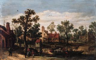 Jan Josefsz. Van Goyen - A village by a river with peasants and cattle on a ferry setting out from a landing stage, in summer