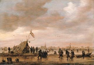 Jan Josefsz. van Goyen - A winter landscape with villagers on a frozen waterway