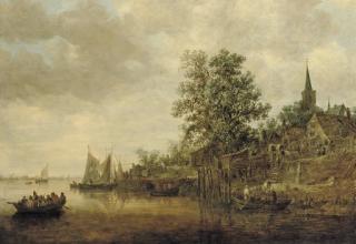 Jan Josefsz. Van Goyen - A wooded landscape with shipping on a river, a village nearby