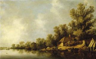 Jan Josefsz. Van Goyen - A wooded river landscape with fisherfolk and peasants by a cottage