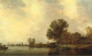 Jan Josefsz. van Goyen - A Wooded River Landscape With Fishermen In A Boat Checking Creels Before A Bridge