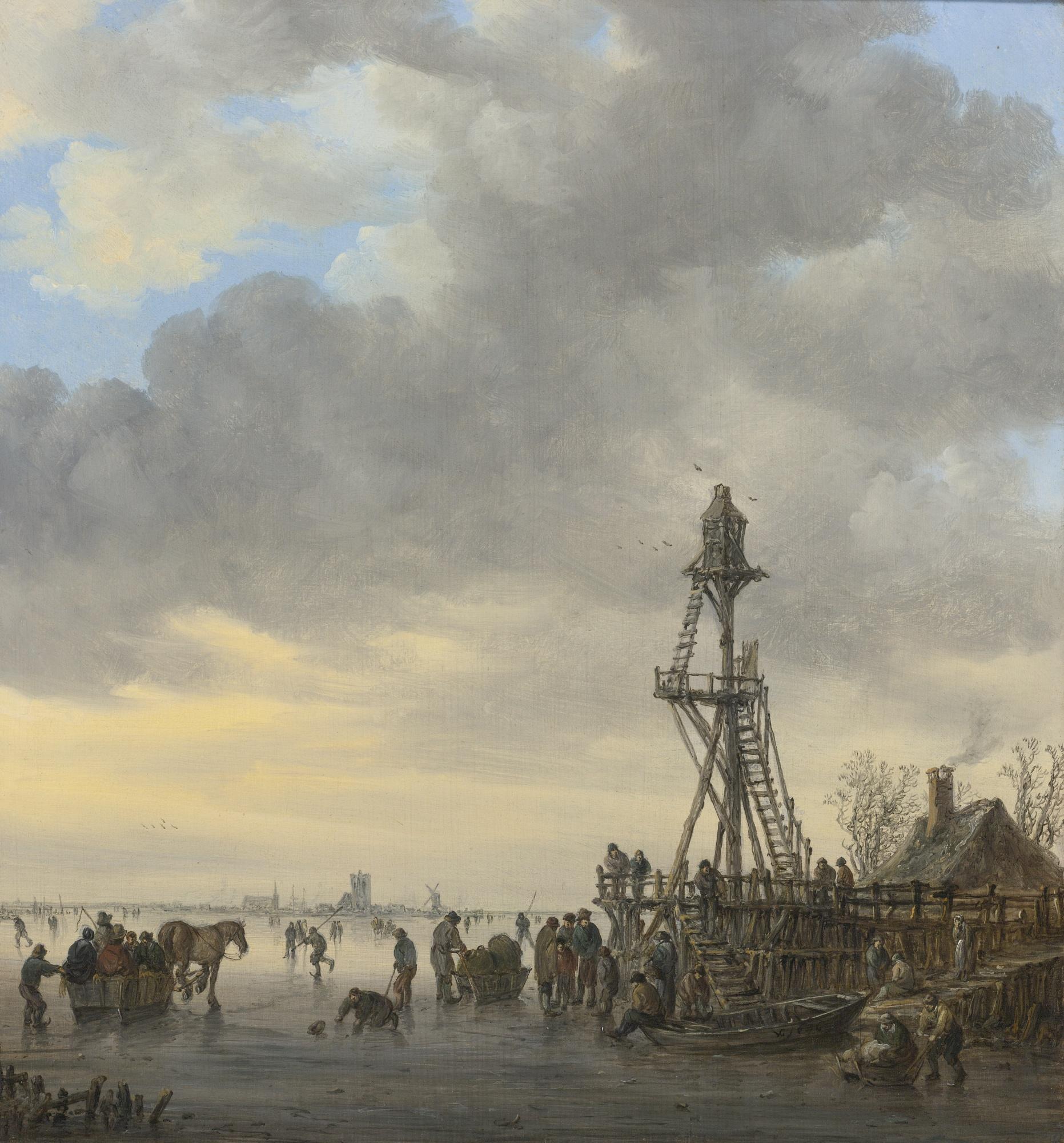 Jan Josefsz. Van Goyen - A Wooden Landing Stage On A Frozen River, Churches And A Windmill At Left On The Distant Shore