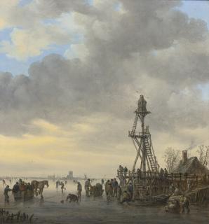 Jan Josefsz. Van Goyen - A Wooden Landing Stage On A Frozen River, Churches And A Windmill At Left On The Distant Shore