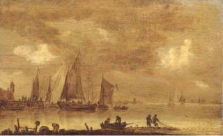Jan Josefsz. Van Goyen - An estuarine landscape with fishermen drawing in nets in the foreground, boats by a jetty beyond