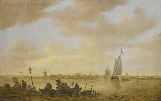 Jan Josefsz. Van Goyen - An Estuary Scene With Fisherman Emptying Fish-Traps In The Foreground
