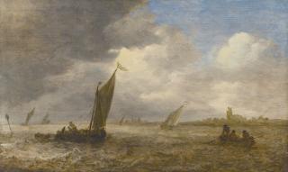 Jan Josefsz. Van Goyen - An Estuary Scene With Small Dutch Vessels And A Church And A Castle, Possibly Loevestein On The Far Shore