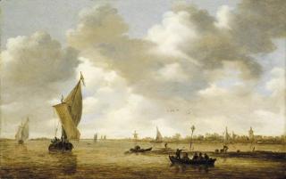 Jan Josefsz. Van Goyen - An Estuary With Passengers In A Ferry, A Kaag And Other Shipping By A Mudflat, A Village Beyond