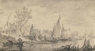 Jan Josefsz. Van Goyen - Barques Et Voiliers Au Bord Du Rivage, Des Habitations À L\'Arrière-Plan