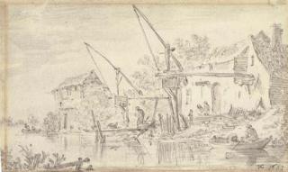Jan Josefsz. Van Goyen - Buildings on a river with two pumps, a fisherman in a boat to the right