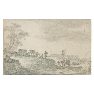 Jan Josefsz. van Goyen - Dune Landscape With Cattle, A Windmill In The Distance