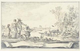 Jan Josefsz. van Goyen - Elegant Company Shooting Birds In An Estuary: Design For A Title-Page
