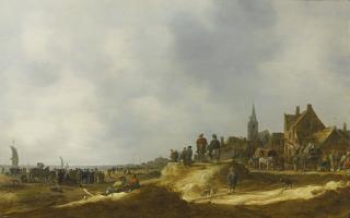 Jan Josefsz. Van Goyen - Extensive Beach Scene, Probably At Katwijk, With Figures And Horse-Drawn Carts Near A Village, Sailboats In The Distance