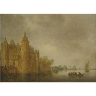 Jan Josefsz. Van Goyen - Figures In A Rowing Boat On A Wide River Before A Large Castle