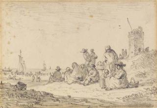 Jan Josefsz. Van Goyen - Figures seated among dunes, a tower to the right, ships drawn up on the beach beyond
