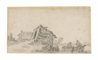 Jan Josefsz. Van Goyen - Fishermen In A Rowing Boat, A Shack Tottering On The Bank