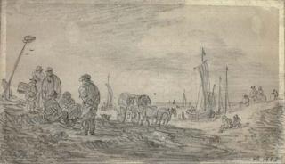 Jan Josefsz. van Goyen - Fishermen on a beach, sailing boats seen beyond