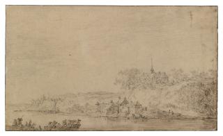 Jan Josefsz. van Goyen - Landscape With A Ferry Carrying Passengers And Two Horses Across A River, Towards A Church On A Rocky Outcrop