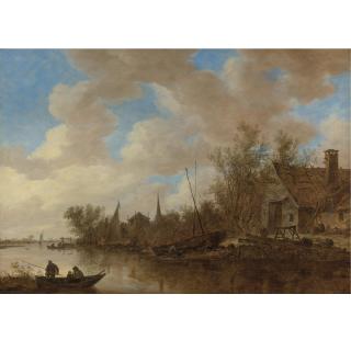 Jan Josefsz. van Goyen - River Landscape With Men Fishing From Boats And Men Repairing A Boat Before A Wooden House
