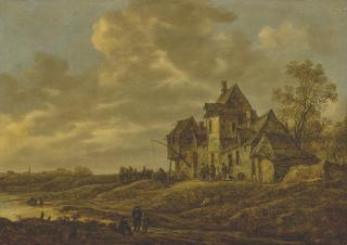 Jan Josefsz. Van Goyen - River landscape with travellers at an inn at sunset