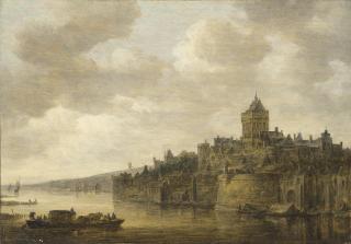 Jan Josefsz. Van Goyen - The Valkhof at Nijmegen, with a coach and horses on a ferry on the River Waal