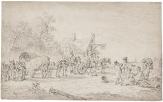 Jan Josefsz. Van Goyen - Three Horsedrawn Carts And Other Figures Gathered Before A Wayside Inn
