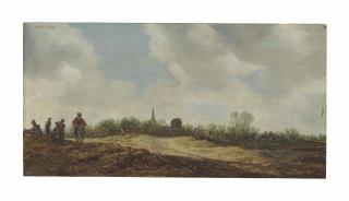 Jan Josefsz. Van Goyen - Travelers on a dune by a bridge, a village beyond
