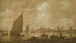 Jan Josefsz. Van Goyen - View Of A Dutch Estuary With Fishermen Boats  