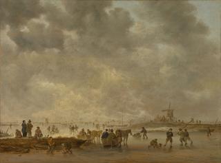 Jan Josefsz. van Goyen - Winter landscape with figures skating and sledging with horses on a frozen river