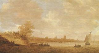 Jan Josefz. Van Goyen - A cattle ferry and other shipping on the river Rhine, with the city of Arnhem beyond
