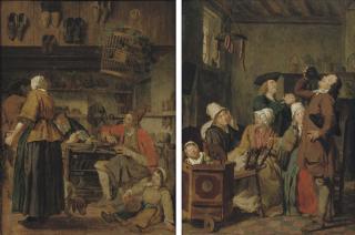 Jan Joseph Horemans I - A cobbler\'s workshop; and A family in an interior