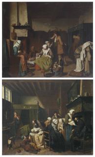 Jan Jozef Horemans Ii - An Interior With Midwives Nursing Twins And Figures Drinking; And An Interior With Figures Visiting A Mother And Her Two Newborns