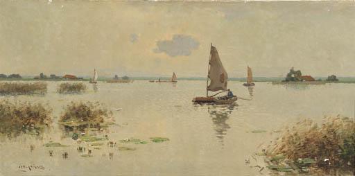 Jan Knikker Jun. - A boat on a lake with waterlillies