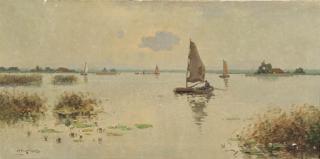 Jan Knikker Jun. - A boat on a lake with waterlillies