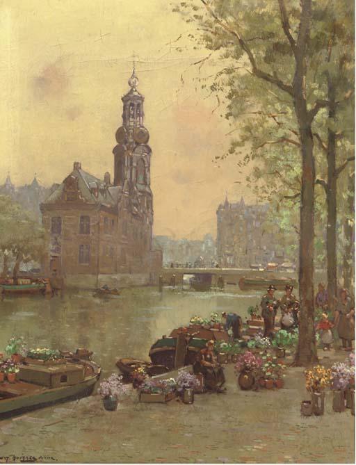 Jan Knikker Jun. - The flowermarket with the Munt beyond, Amsterdam