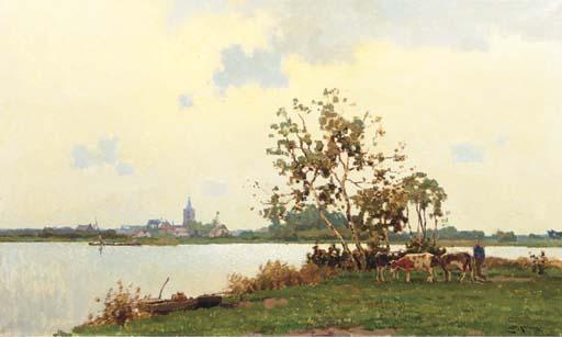 Jan Knikker - A panoramic landscape with cows along a river