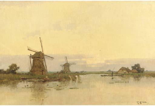 Jan Knikker - Sunset over a polder landscape with windmills
