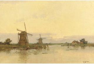 Jan Knikker - Sunset over a polder landscape with windmills