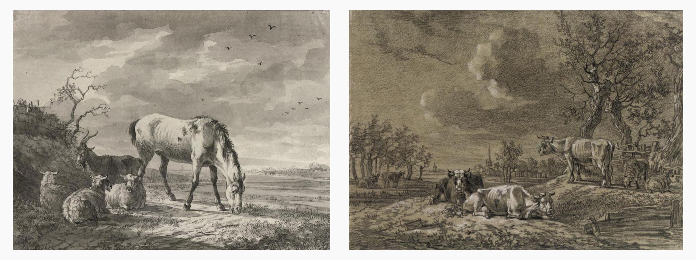Jan Kobell II - A horse and sheep in a meadow; and Cows and sheep resting in a landscape